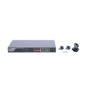 Switch Monitoreable PoE+ / 16 puertos 10/100 Mbps PoE+ / 2 puertos 10/100/1000 Mbps + 2 puertos SFP de Uplink / PoE hasta 250 metros / conexión remota desde Hik-PartnerPro / 230 W 5 DS3E1318PEI AD 1 p