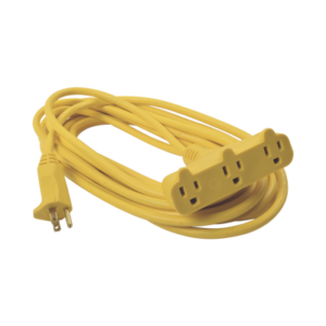 Extensión eléctrica de uso rudo 8 metros, (127Vca/ 10A Máximo) clavija 3 patas con 3 salida tipo abanico Color Amarilla.