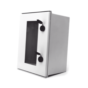 Gabinete de Poliéster IP65 Puerta Transparente, Uso en Intemperie (300 x 400 x 200 mm) con Placa Trasera Interior de Plástico (Incluye Chapa y Llave). 3 PST304020PT LAT IZQ p