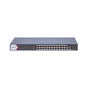 Switch Gigabit PoE+ / Administrable / 24 Puertos 1000 Mbps PoE+ / 1 Puerto 1000 Mbps Uplink  / 1 Puertos SFP Uplink / Configuración Nube Hik-Partner Pro / Modo Extendido hasta 300 Metros / 230 W