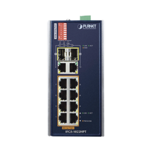 Switch Industrial PoE no administrable de 8 Puertos 10/100TX 802.3at, Hasta 240 W, Combo TP / SFP Gigabit TP / SFP (-40 ~ 75 grados C) 2 IFGS1022HPT FRENTE p
