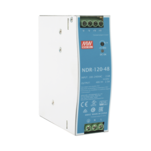 Fuente de poder industrial de 120 W, salida 48 Vcc, entrada 90~264 VCA, para montaje en riel DIN, 3 NDR12048 LAT IZQ p