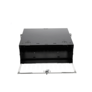 Panel de Distribucion de Fibra Optica, Acepta 12 Placas FAP o FMP, Bandeja Deslizable e Inclinable Hacia Abajo, Hasta 288 Fibras, Color Negro, 4UR 4 FCE4U LAT DER p
