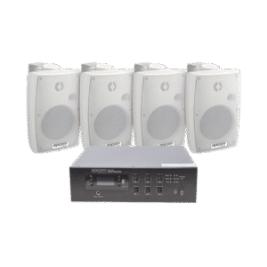 KIT de Amplificador de 120W para Escritorio | 4 Altavoces de Pared color Blanco 2.5W - 20W | Sistema 70/100V